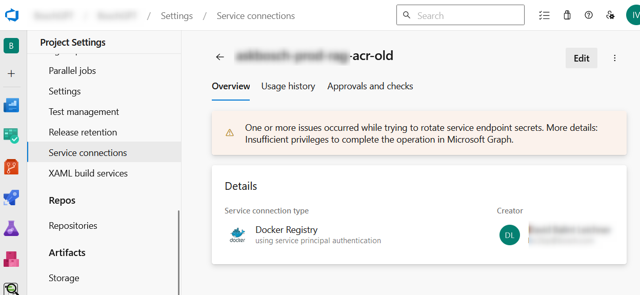 Service Connection Secret Rotation Failed